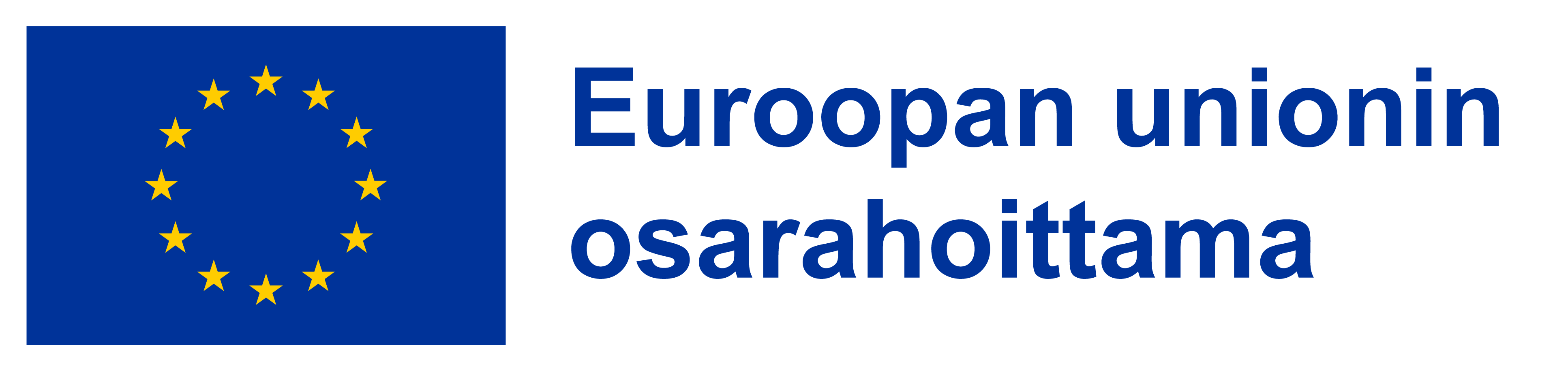 Euroopan unionin lippu, jossa on kaksitoista keltaista tähteä ympyrässä sinisellä taustalla, ja sen vieressä suomenkielinen teksti: Euroopan unionin osarahoittama.