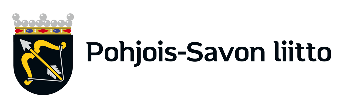 Pohjois-Savon liiton logo, jossa on vaakuna, jossa näkyy keltainen jousi ja nuoli, jonka yläpuolella on hopeinen kruunu, ja oikealla puolella organisaation nimi suomeksi lihavoidulla mustalla tekstillä.