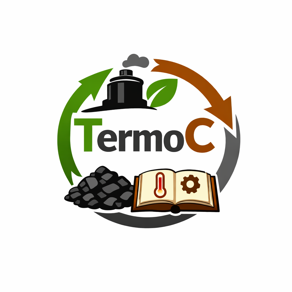 Logo, jossa on teksti ”TermoC”, ympyrän muodostavat nuolet, lehtien koristama tehdas, kivihiilipino sekä avoin kirja, jossa näkyy lämpömittari ja hammasrataskuvake; ne symboloivat termodynamiikkaa ja energiaan liittyviä käsitteitä.